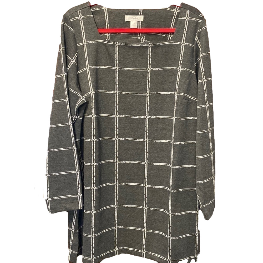 CJ Banks Gray Windowpane Checked Square Neck Dress NWT